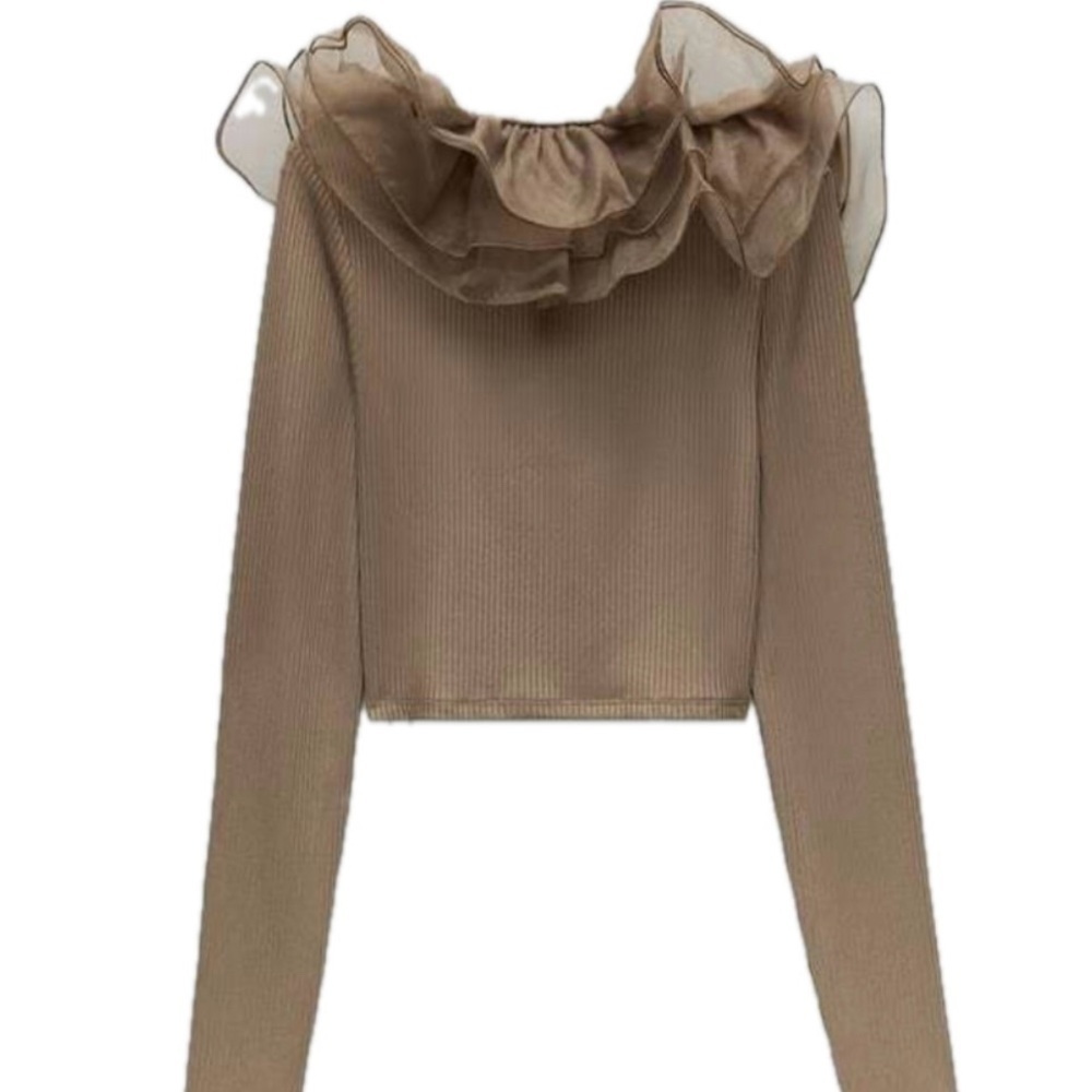 ZARA Ribbed Crop Top Large Taupe Organza Ruffle Long Sleeve Romantic. - Picture 4 of 11
